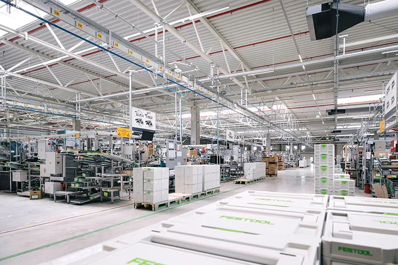 Inside the production hall of the state-of-the-art Festool assembly plant in Weilheim