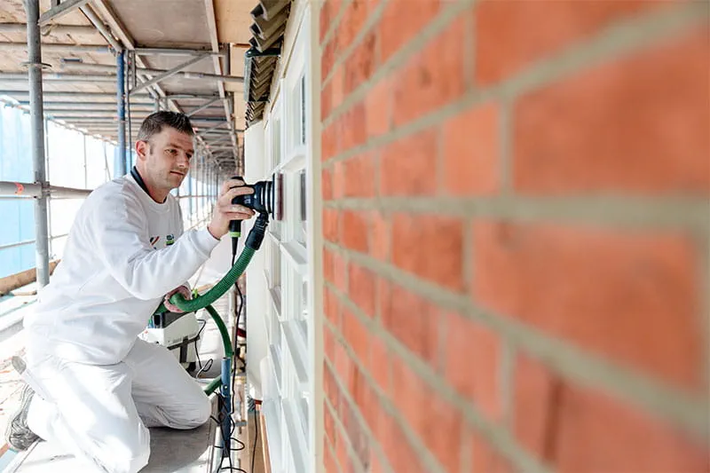 A Wolters employee works to refurbish a window.