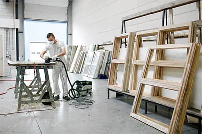 In extensive renovation projects, windows and doors are carefully refurbished in spacious workshops.