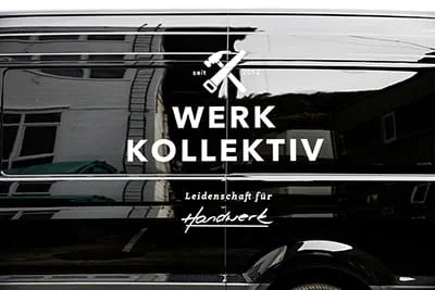 Company logo on the company vehicle.